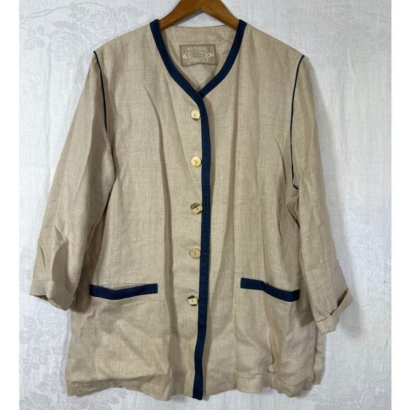 Natural Ecology Symbols Jackets & Blazers - Natural Ecology Symbols Linen Blazer XL Tan Navy Blue Trm Lagenlook Rehli Tracht